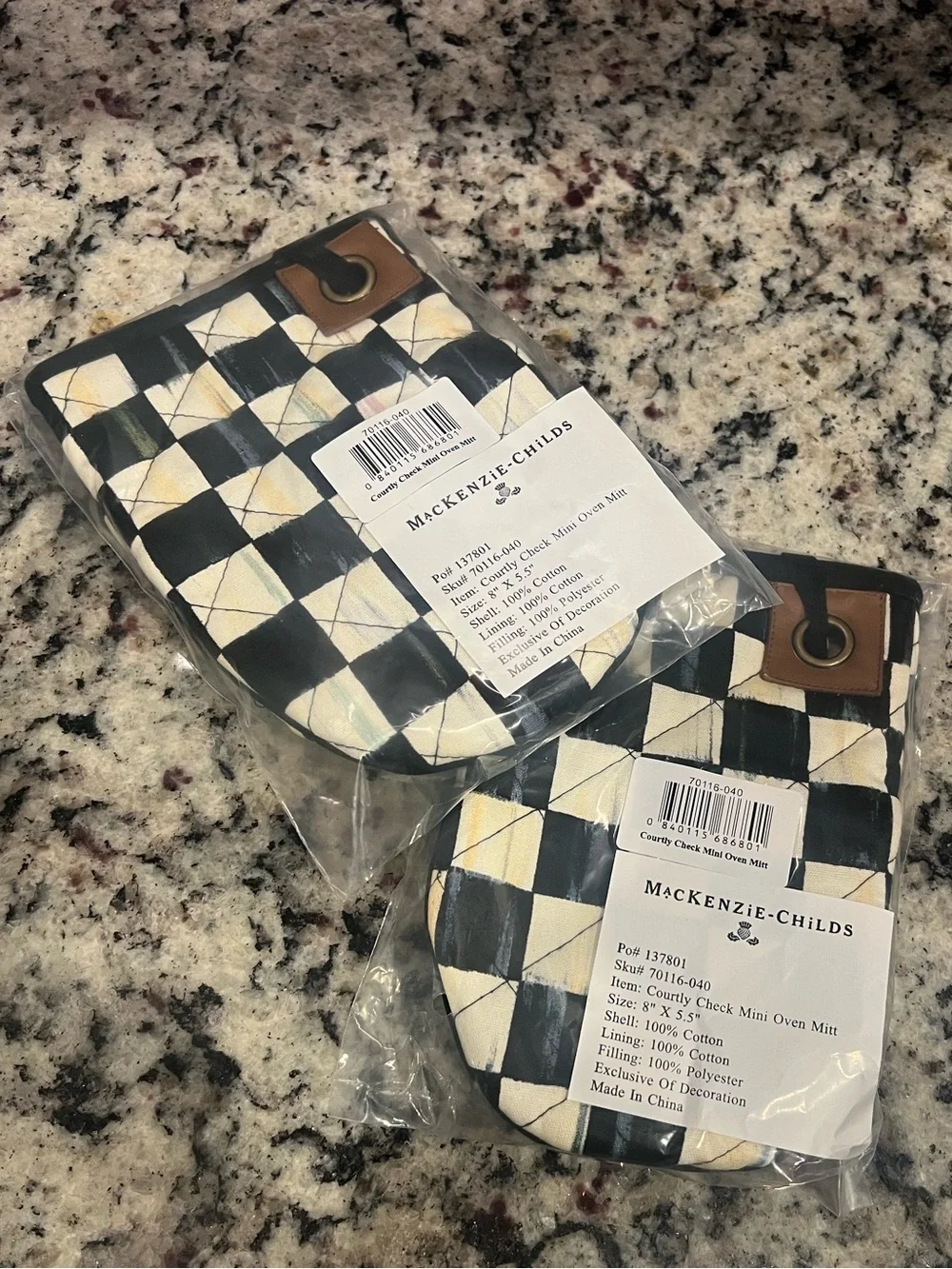 MacKenzie-Childs Courtly Check Mini Oven Mitts. Set of 2. New in packages.